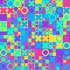 Patrón geométrico abstracto de círculos y cruces en colores neón