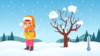 Girl kid shivering with cold on snowy winter day