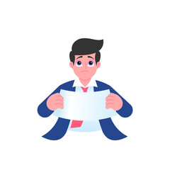 Sad or confused businessman holding paper. Stress of work with document, paperwork concept. Male emoji character with different emotion and gesturing. Vector illustration isolated on white background