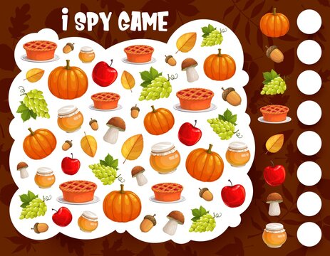 I spy game, Thanksgiving harvest and autumn items, vector cartoon find and match riddle. Kids tabletop puzzle or I spy game with Thanksgiving apple pie, honey and mushroom, pumpkin and acorns