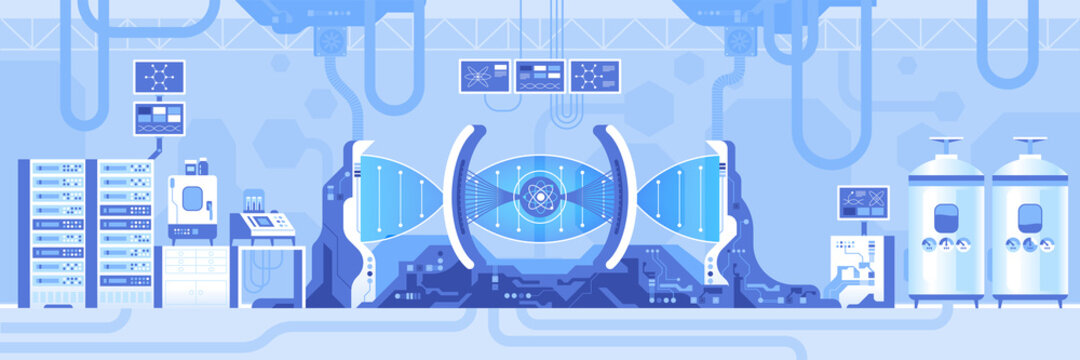 Automated scientific laboratory horizontal background. Study of atomic structure in machinery, make research on professional equipment. Modern lab interior with furniture. Vector illustration panorama