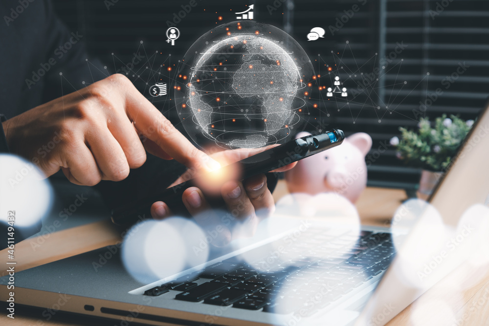Aufkleber businessman using smart phone with business global internet connection application technology and di