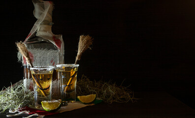 halloween, tequila shots with terrifying faces on viva mexico pennant and decoration and bottle with bandages and space for text