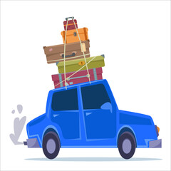 Naklejka premium Blue cartoon car rides with suitcases tied on the roof. Travel and luggage symbol. Vector illustration in cartoon style. Cheerful clipart