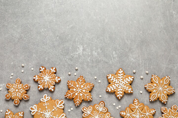 Tasty Christmas cookies on light grey table, flat lay. Space for text