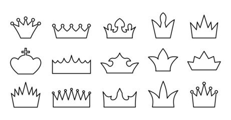 Crown icons line outline contour set. Coronas for prince or princess ring and queen isolated on white background. Decor for website, price tag, products. Object for card. Heraldic element collection