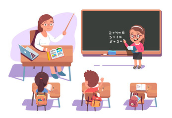 Teacher teaching kids class at mathematics lesson