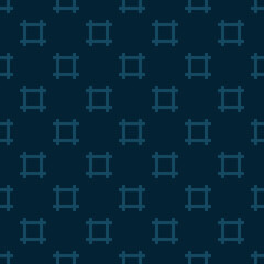Simple minimalist seamless pattern. Subtle vector minimal geometric texture. Abstract background with small square shapes, lines, grid, hashtag symbols. Dark blue color. Mens wear repeatable design