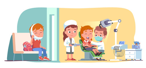 Patients kids visiting dentist in dental clinic