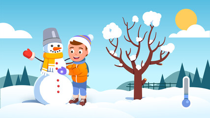 Boy kid making snowman on sunny weather winter day