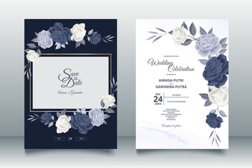  Elegant wedding invitation card with beautiful navy floral and leaves template Premium Vector