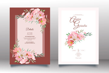 Obraz premium Romantic Wedding invitation card template set with beautiful floral leaves Premium Vector