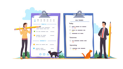 Business man, woman planning working day and week
