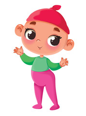 Illustration of a toddler in full growth. A one-year-old child stands in overalls. Cute boy drawing
