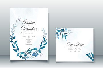Elegant wedding invitation card with blue leaves template Premium Vector	
