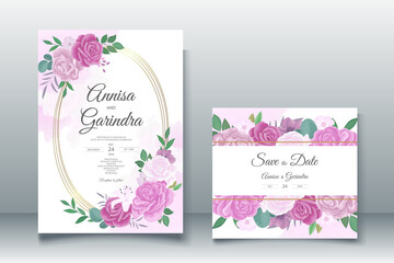  Beautiful purple floral frame wedding invitation card template Premium Vector