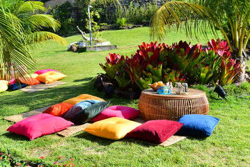 garden picnic, colorful pillow decor, landscaping, colorful outdoor seating area, tropical garden...