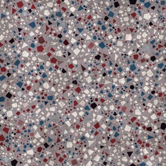 Seamless red white and blue pattern of packed polygons with overlay texture. High quality illustration. Stylish and sophisticated confetti terrazzo motif swatch in repeat. Grungy but simple elements