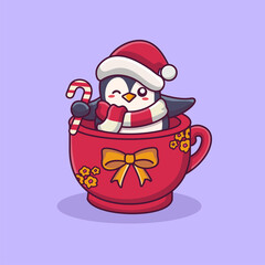 Cute penguin wearing santa hat in cup cute christmas cartoon