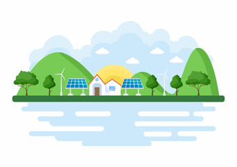 Ecological Sustainable Energy Supply Background Vector Flat Illustration Power Plant Station Buildings With Solar Panels, Gas, Geothermal, Renewable, Water and Wind Turbines