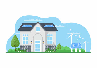 Ecological Sustainable Energy Supply Background Vector Flat Illustration Power Plant Station Buildings With Solar Panels, Gas, Geothermal, Renewable, Water and Wind Turbines