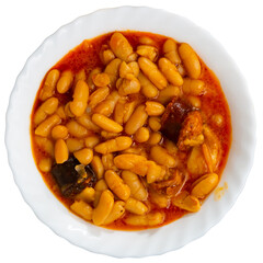 Delicious Fabada asturiana with stewed beans, pork, morcilla and chorizo. Famous authentic regional...