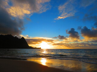 Beautiful sunset in Hawaii by ocean