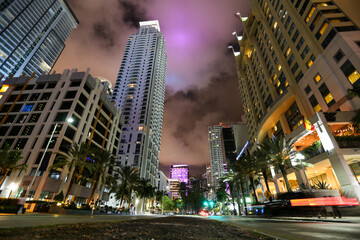 Night photo of Brickell Avenue in the Business District of Miami, Florida with passing traffic...