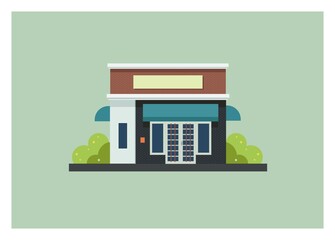Simple flat illustration of a store building with brick pattern.