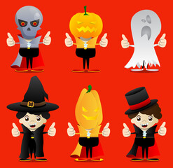 Kids dressed for Halloween making thumbs up sign with two hands. Vector cartoon character illustration of kids ready to Trick or Treat.
