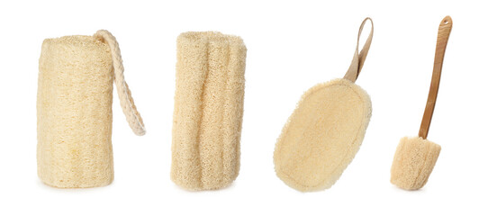 Set with natural shower loofah sponges and brush on white background. Banner design - obrazy, fototapety, plakaty
