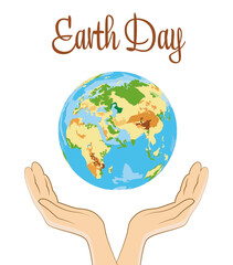 Happy Earth Day. Human holding hands near planet on white background, illustration