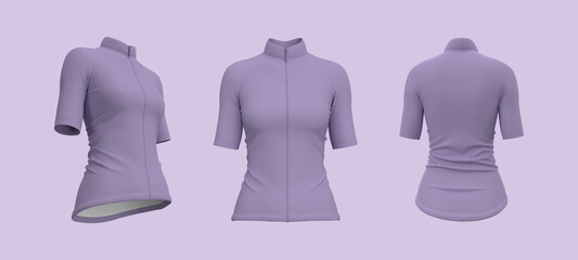 Women’s cycling jersey mockup in front, side and back, 3d rendering, 3d illustration