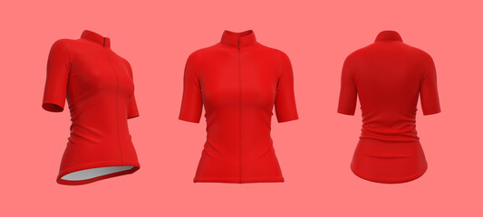 Women’s cycling jersey mockup in front, side and back, 3d rendering, 3d illustration