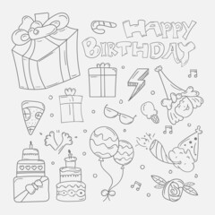 set of Happy Birthday doodle background in hand drawn sketch