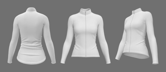 Women’s cycling jersey mockup in front, side and back, 3d rendering, 3d illustration