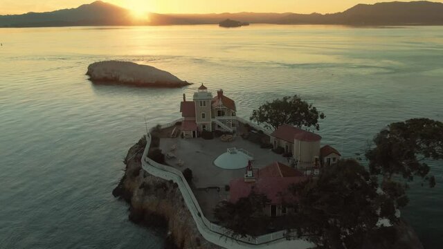 Aerial: The Brothers Lighthouse in the San Francisco Bay, Oakland, California, USA