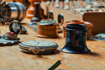Old Hunter pocket watch and tools on a watchmakers bench