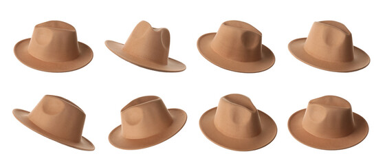 Set with stylish beige hats on white background, banner design. Trendy headdress