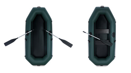 Inflatable rubber fishing boats on white background, collage. Banner design