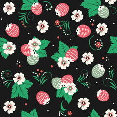 Strawberry pattern with green leaves in folk style on a black background