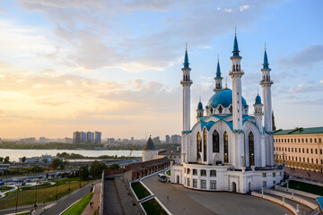Sunset view of the Kul Sharif Mosque against the background of the city of Kazan, Russia
