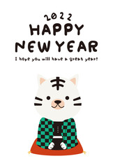 年賀状2022　縦　HAPPY NEW YEAR　ホワイトタイガー　緑と黒の市松模様着物で挨拶