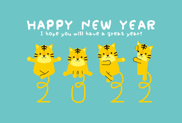 背景青　しっぽで2022　Happy New Year 横型