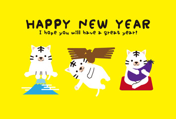  	年賀状　背景黄色　happy new year　年賀状2022　ホワイトタイガー　初夢