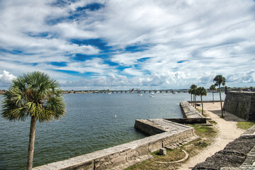 Waterfront stone walls of Castillo de San Marcos National Monument in St. Augustine, Florida.