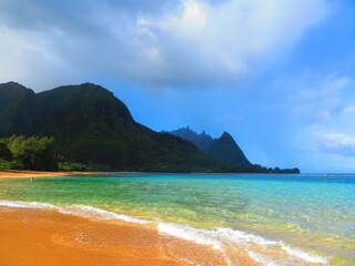 Beautiful sunset in Hawaii by ocean