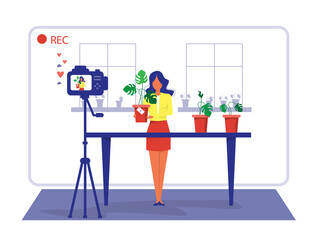Fototapeta na wymiar Woman Review or Selling home plant Through Live Streaming. shop online and E-Commerce Concept.Vector
