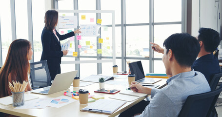 Happy business people meeting present graph chart investment, business data in meeting room. Group of business people meeting in conference room. Asian businessman speech, present teamwork partnership