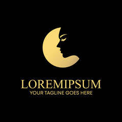 beauty woman face side with in negative space circle like crescent moon image graphic icon logo design abstract concept vector stock. Can be used as a symbol related to beauty or fashion